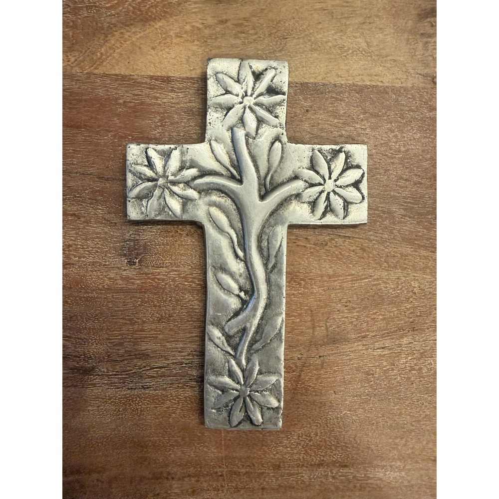 6.5" Mexican Silverplate Metal‎ Wall Cross Folk Art Floral Hecho en Mexico Daisy